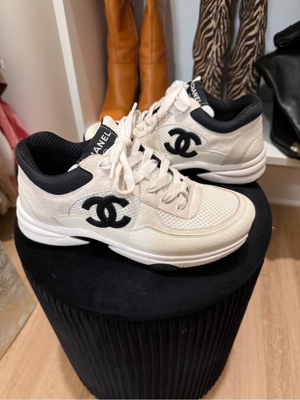 CHANEL Cream & Black Leather Chanel CC Logo Sneakers